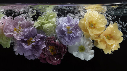 Colorful flowers submerged in clear water with bubbles rising, creating fresh and vibrant underwater scene with soft pastel tones and delicate petals floating gently