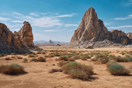 Vast arid landscape featuring towering weathered rock formations under a bright blue sky with scattered clouds and sparse desert vegetation