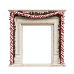 Festive White Fireplace Mantel with Candy Cane Garland and Christmas Lights - Holiday Decor Frame