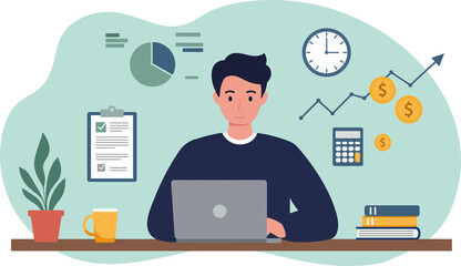 Businessman and woman working on computers at office desks