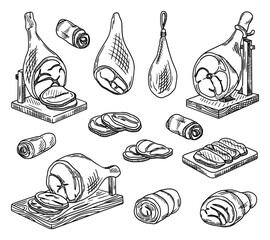 Vector set of meat pieces. Meat on a board, meat rolls, jerky. Jamon, pork
