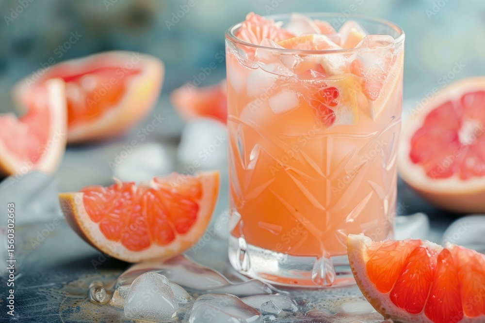 Poster glass of refreshing grapefruit cocktail with ice cubes and grapefruit slices on a table