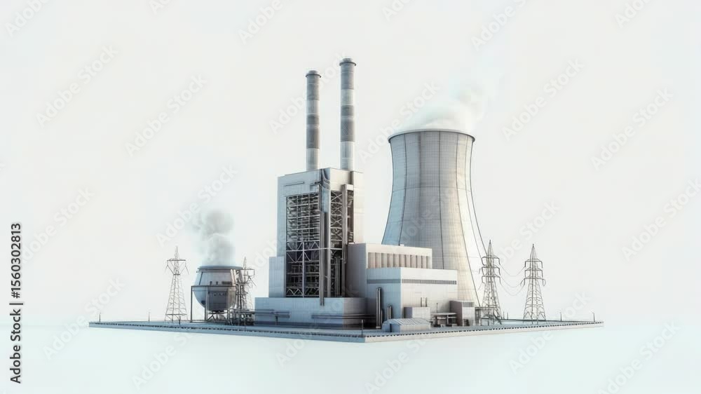 Poster a factory with smoke emitting from the chimney and machinery visible inside