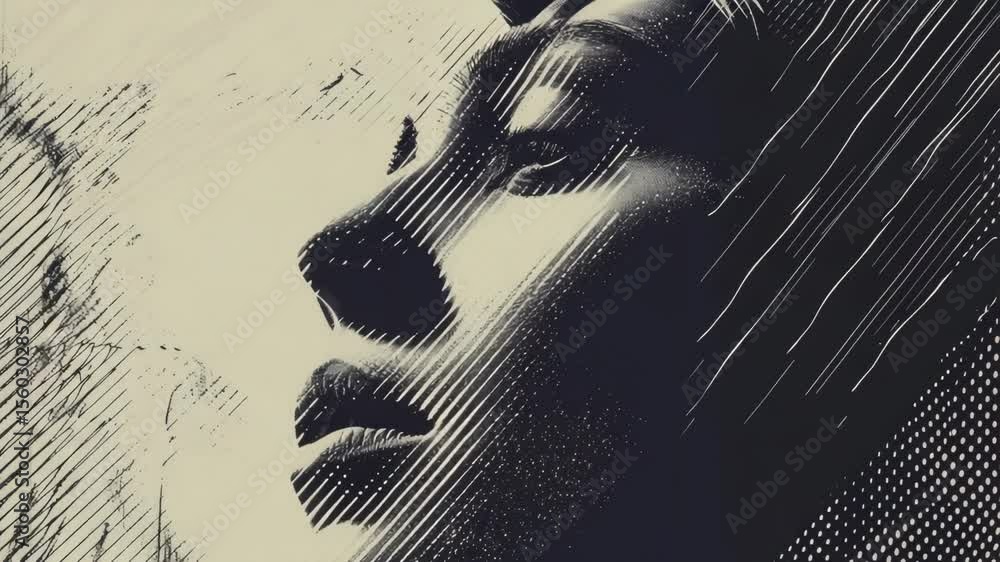 Poster a close-up of a woman's face in black and white, suitable for use in editorial or artistic projects