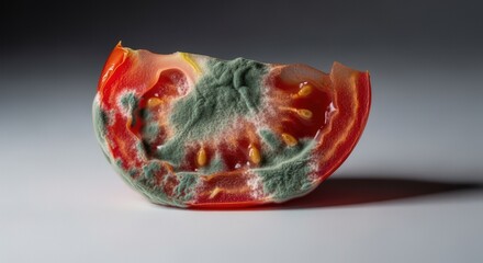 Moldy Tomato Slice with Green Fungus Showing Decay and Spoilage on White Background