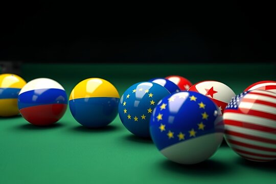 Billiard balls featuring national flags and the european union flag arranged on a green pool table