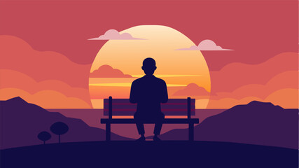 Obraz premium A silhouette of a person sitting on a bench gazing at a beautiful sunset with a peaceful expression representing the positive effects of mindfulness and relaxation on brain health.. Vector