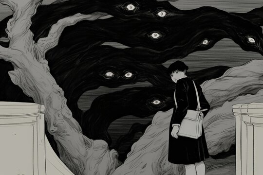 A person is watched by a looming, many-eyed shadow monster; a surreal horror manga illustration of anxiety, paranoia, and dread.