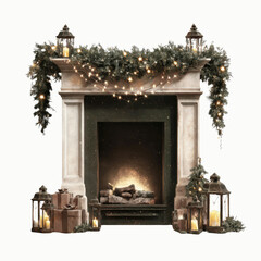 Cozy Christmas Fireplace with Garland, Lanterns, and Gifts