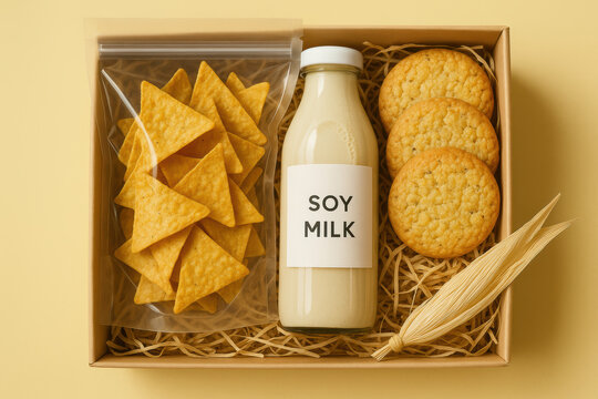 Assorted vegan snacks with soy milk bottle, corn chips in bag, oat cookies and dried corn husk in eco friendly breakfast box