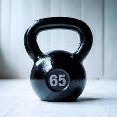 Fototapeta premium The sleek, black kettlebell, boldly displaying '65' on its side, sits ready on a textured floor, hinting at strength training and fitness challenges ahead.