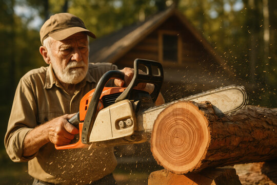 Elderly man using chainsaw to cut wood outdoors near rustic cabin in warm afternoon forest, sawdust flying in natural environment