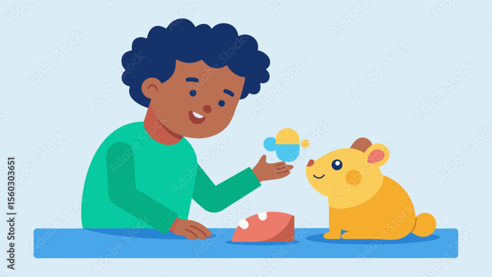 Poster a child on the autism spectrum playing with a therapy hamster using the tactile experience as a way 