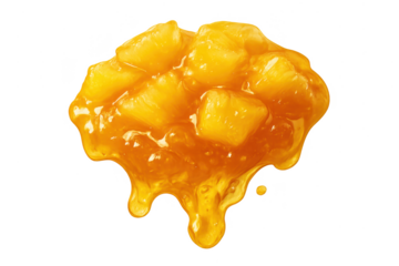 Delicious mango jam or compote with fruit chunks dripping, isolated on transparent background