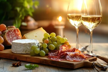 Elegant charcuterie board with wine outdoor setting food photography evening glow gourmet experience