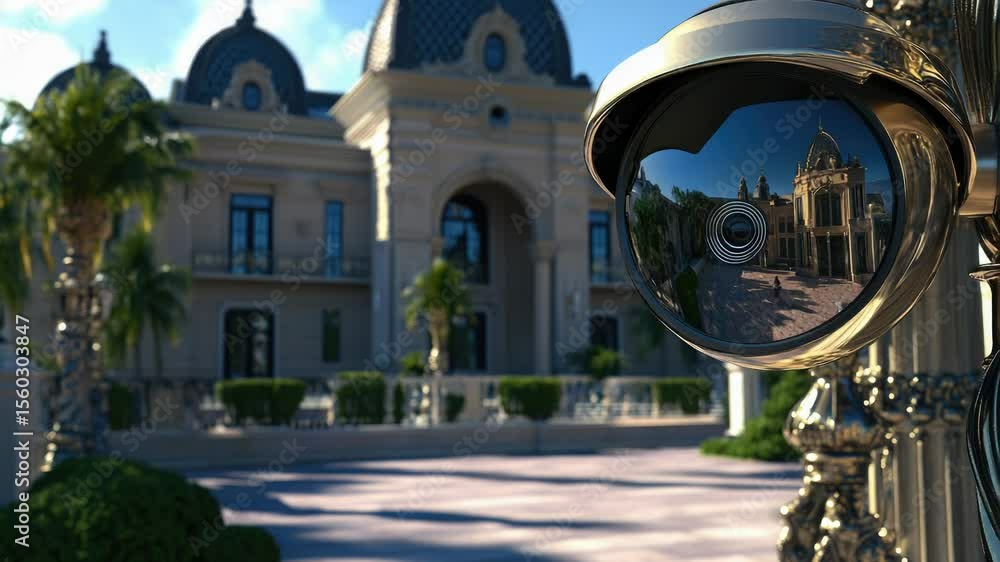 Poster a surveillance camera installed on a building wall, providing a clear view of the surrounding area