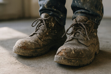 Worn durable work boots on concrete floor with dirt stains, representing rugged construction footwear and hard labor environment