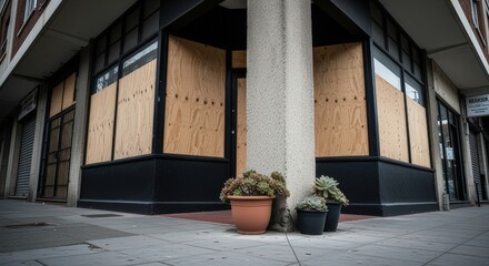 Empty Boarded Shop Front on Urban Street Corner with Potted Plants