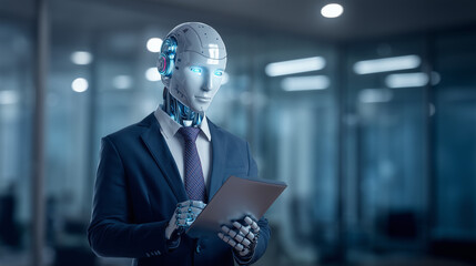 Robot en costume dans bureau moderne