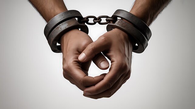 Close up of a person s hands bound together with heavy rusty metal handcuffs
