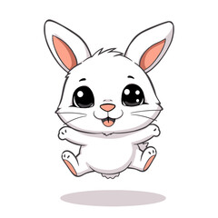 Cute cartoon white bunny rabbit jumping with joy isolated on white background