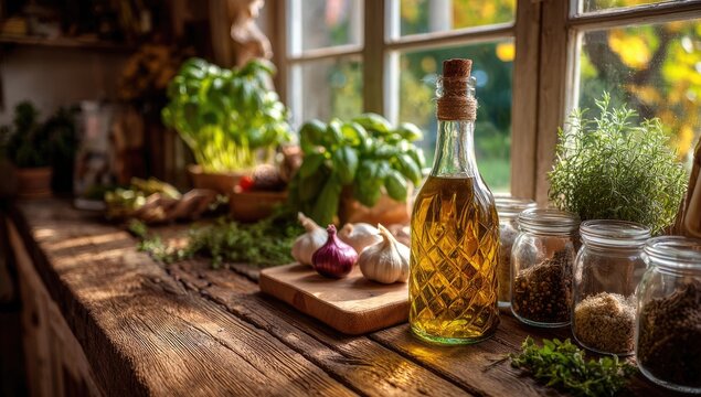 Rustic kitchen windowsill with herbs and oil