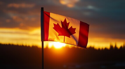 Dramatic sunset behind a Canadian flag waving on high mast, national pride imagery,