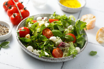 Healthy leaf salad with tomatoes and mozzarella cheese
