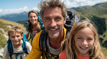 Portrait of happy family with kids standing in mountains on a sunny day