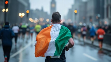 Irish flag featured as a cape worn by a marathon runner during a Dublin race
