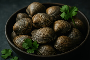 Fresh clams in a dark bowl garnished with vibrant green cilantro leaves, showcasing natural texture and rustic seafood presentation