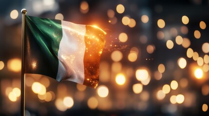 Irish flag surrounded by fireworks during a national festival night