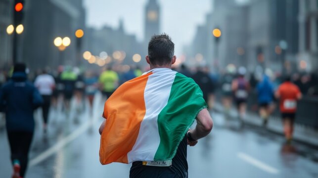 Irish flag featured as a cape worn by a marathon runner during a Dublin race
