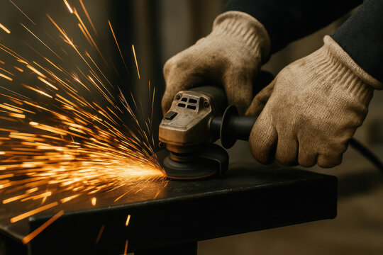 industrial worker in protective gloves using angle grinder on metal, generating bright sparks during precision fabrication process