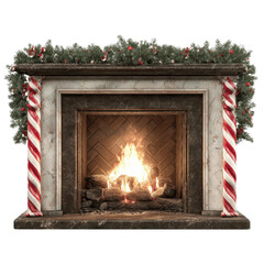 Festive Christmas Fireplace with Garland and Candy Cane Columns