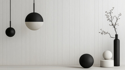 Minimalist interior with black and white pendant lamps and decorative spheres on light textured wall, creating elegant and modern atmosphere with simple vase and branches