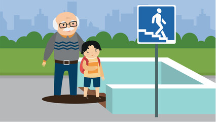 grandfather and grandson in the park with traffic sign vector illustration design