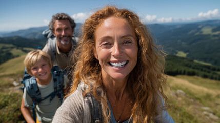 Portrait of happy mother with son on top of mountain during summer vacation