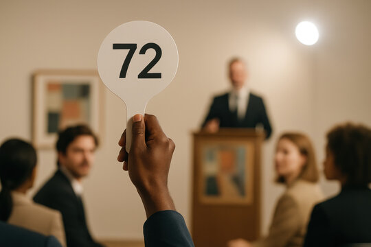 Diverse group attending live auction as bidder raises numbered paddle while auctioneer presents items in elegant indoor setting