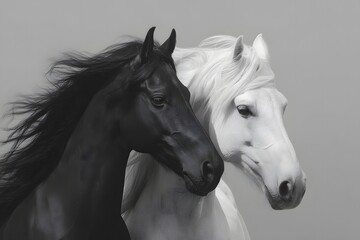 Black and white horses together