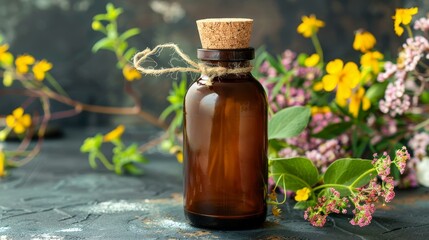 Elegant vintage glass bottle mockup featuring cork and blank label for custom designs