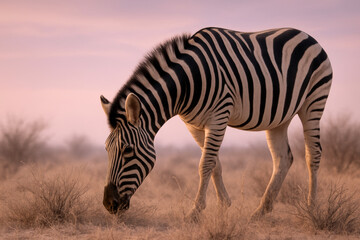 Obraz premium Solitary zebra grazing peacefully on dry savanna grassland at sunrise under soft pastel sky with distant vegetation