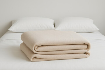 Obraz premium soft beige blanket neatly folded on a clean white bed with two pillows in a minimalist, cozy bedroom interior concept