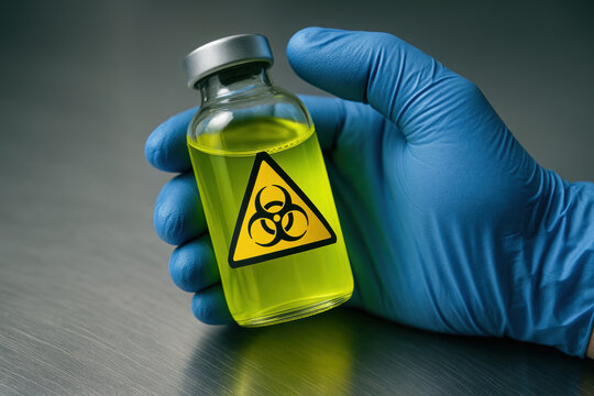 Gloved hand holding glass vial containing yellow hazardous liquid with biohazard symbol on metallic laboratory surface