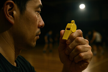 Focused referee holding yellow whistle during intense indoor basketball game, preparing to signal play on polished court under bright lights