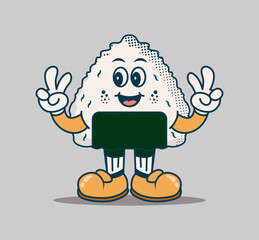 cute onigiri mascot cartoon character in retro style. fun, cheerful, and playful illustration perfect for japanese food or kawaii themed designs