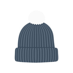 Stylish Grey Beanie Winter Hat with Pom-Pom Flat Design Vector Graphic