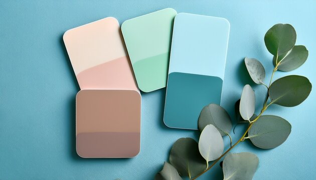 pastel color swatches on soft blue background with eucalyptus leaves interior design color palette minimalist decor concept for home renovation and paint selection