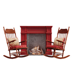 Cozy Fireplace Scene with Rocking Chairs and Red Mantelpiece