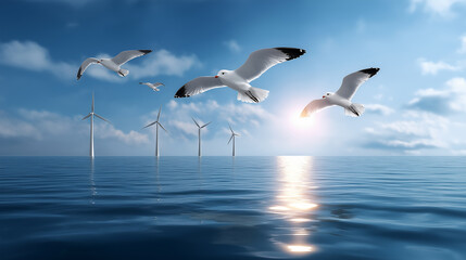 Obraz premium Seagulls glide over an offshore wind farm while sunlight dances on the ocean waves. Wide-angle perspective captures tranquil atmosphere